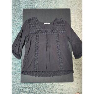 Solitaire Womens Gray Crochet Trim 3/4 Sleeve Rayon Blouse Top - Medium (A)